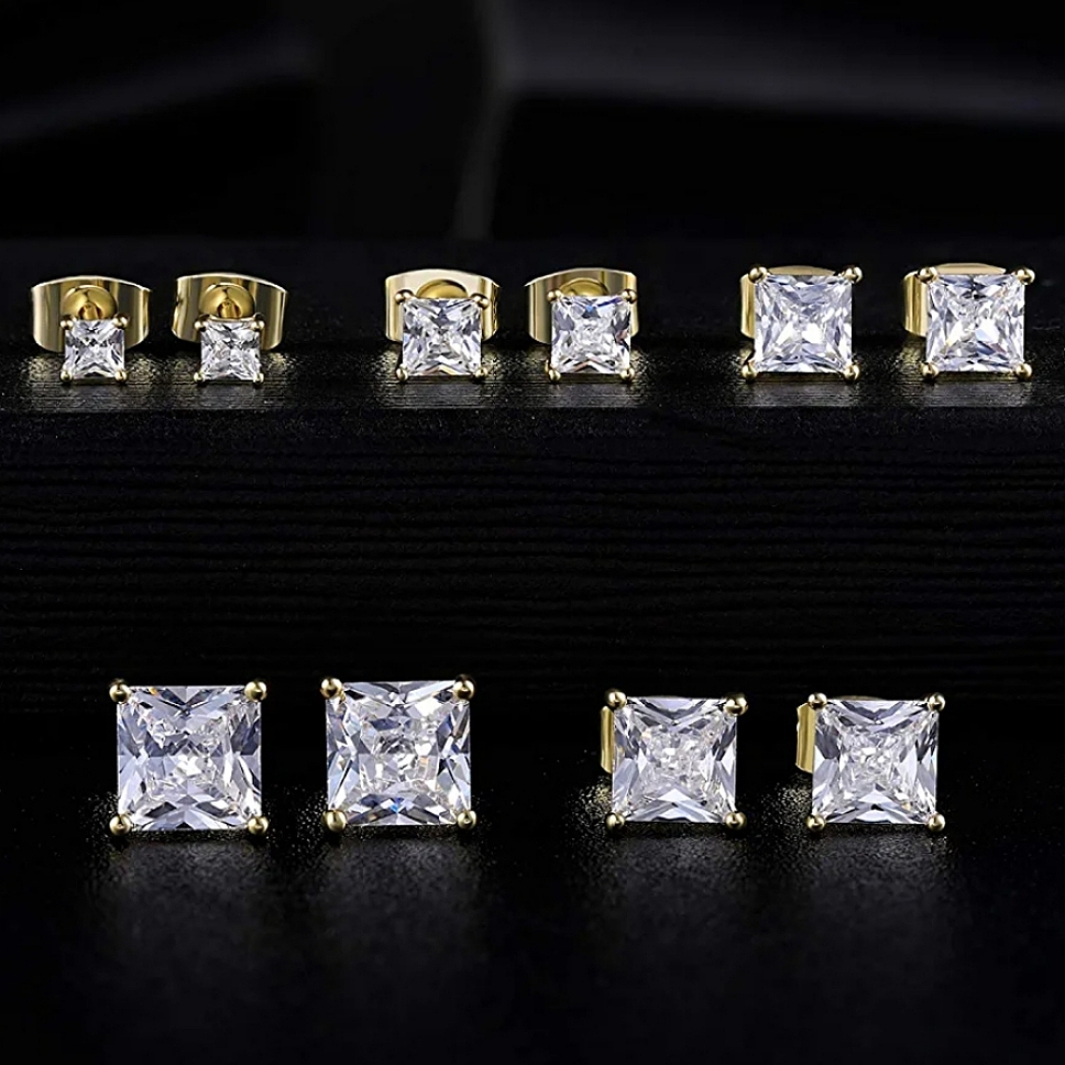 5 Pairs! 18k Gold Diamond Stud Princess Cut Earrings